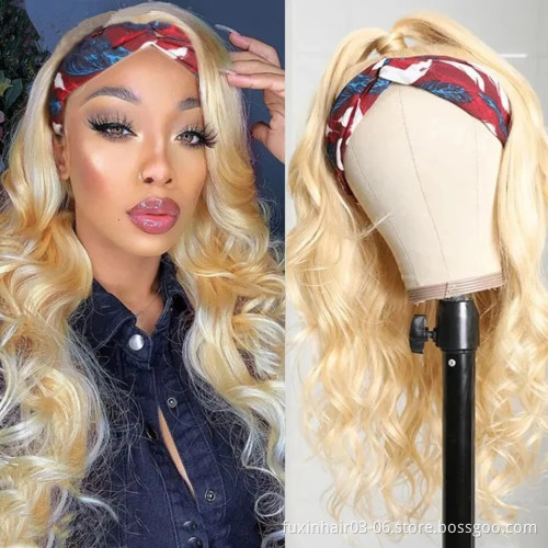 Headband 613 Blonde Straight Curly Body Wave Wig With Attached Scarf Wig Bodywave Full Machine Human Hair Wigs Brazilian 150%